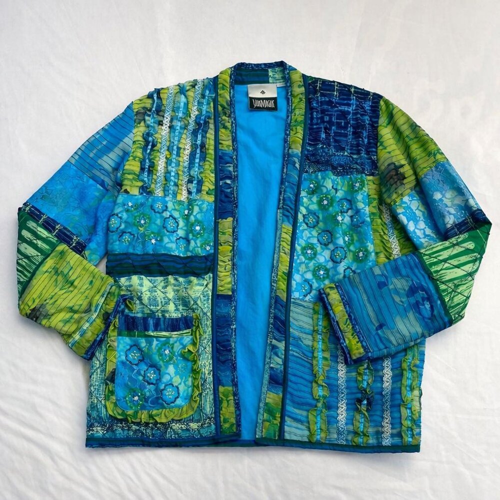 Yak Magik Quilted Patchwork Open Front Jacket Blue Green